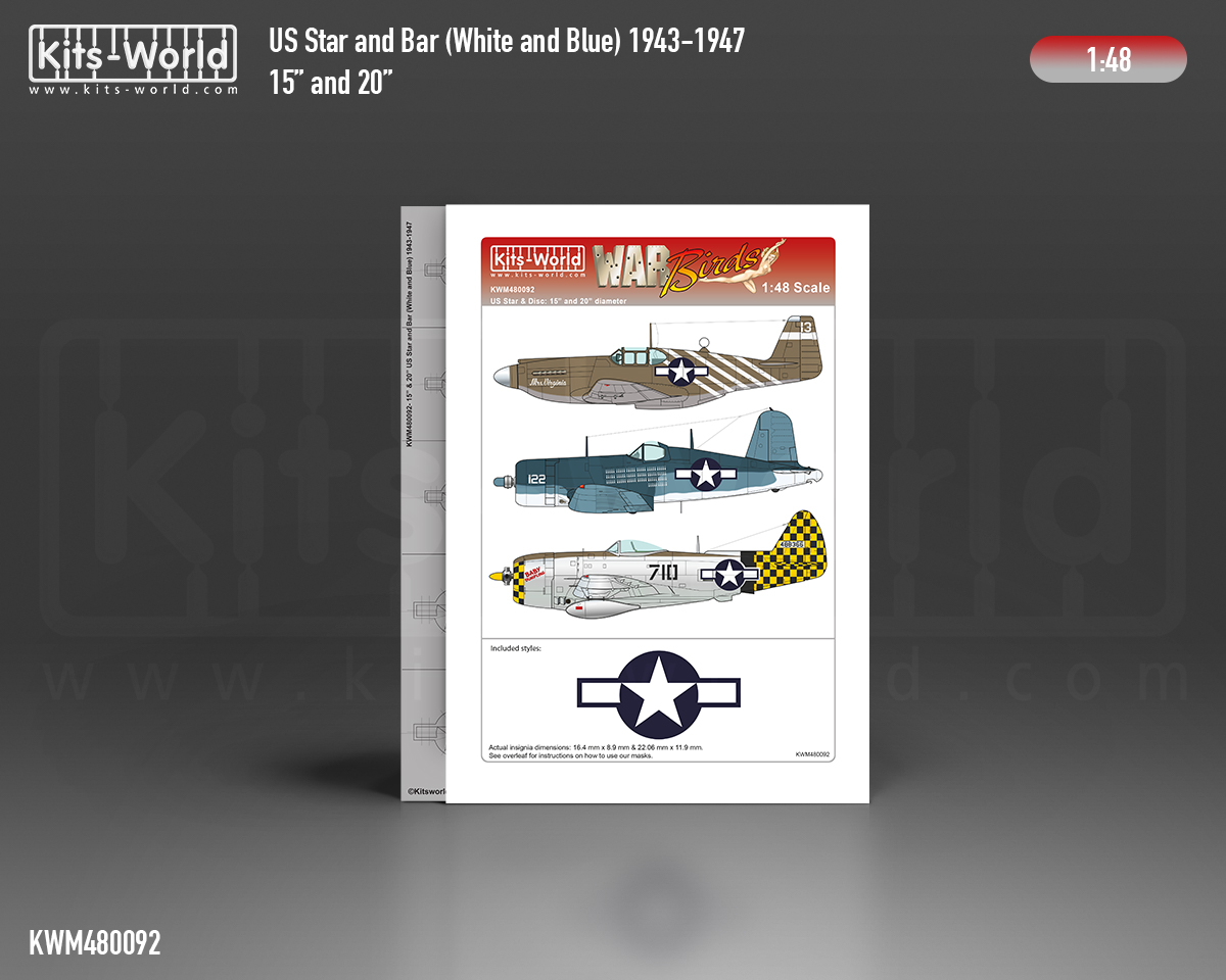 Kitsworld Kitsworld 1:48 scale USAAF Stars and Bars 15'inch and 20' inch 1943 - 1947 Kitsworld Stencil Paint Masks 1:48 scale USAAF Star and Bars~ 
